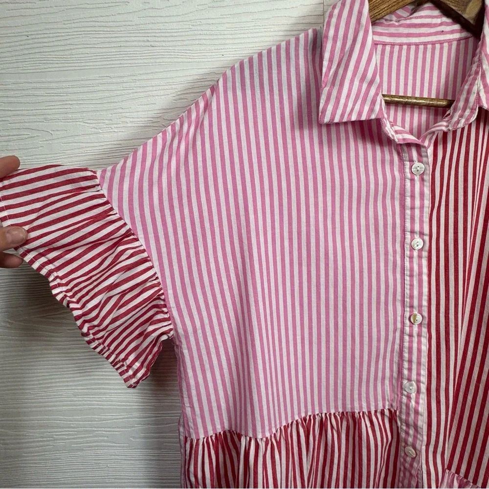 Striped Pink Button-Front Patchwork Cotton Top XL - Picture 5 of 8